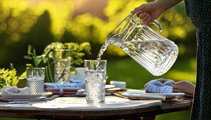 Dricksvatten hälls i ett glas, på ett bord som är dukat till fest.