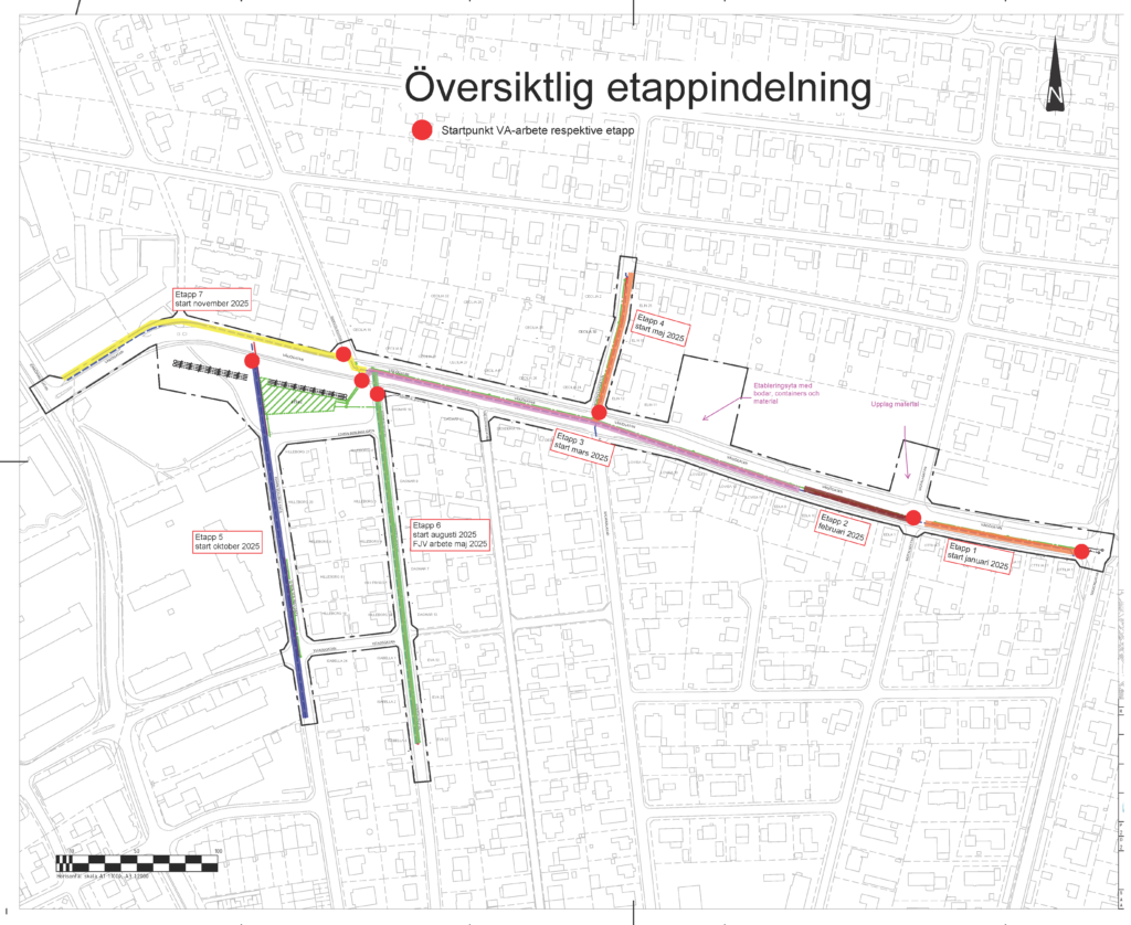 Karta över etappindelning för arbetet på Växjögatan m.fl. i Helsingborg.