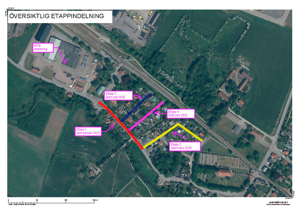Etappindelning för arbetet på Kassörvägen, Svalöv. Helikoptervy över berörda områden.