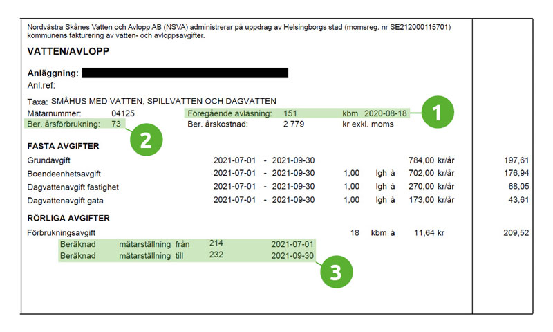 Bild på en faktura med de olika posterna.