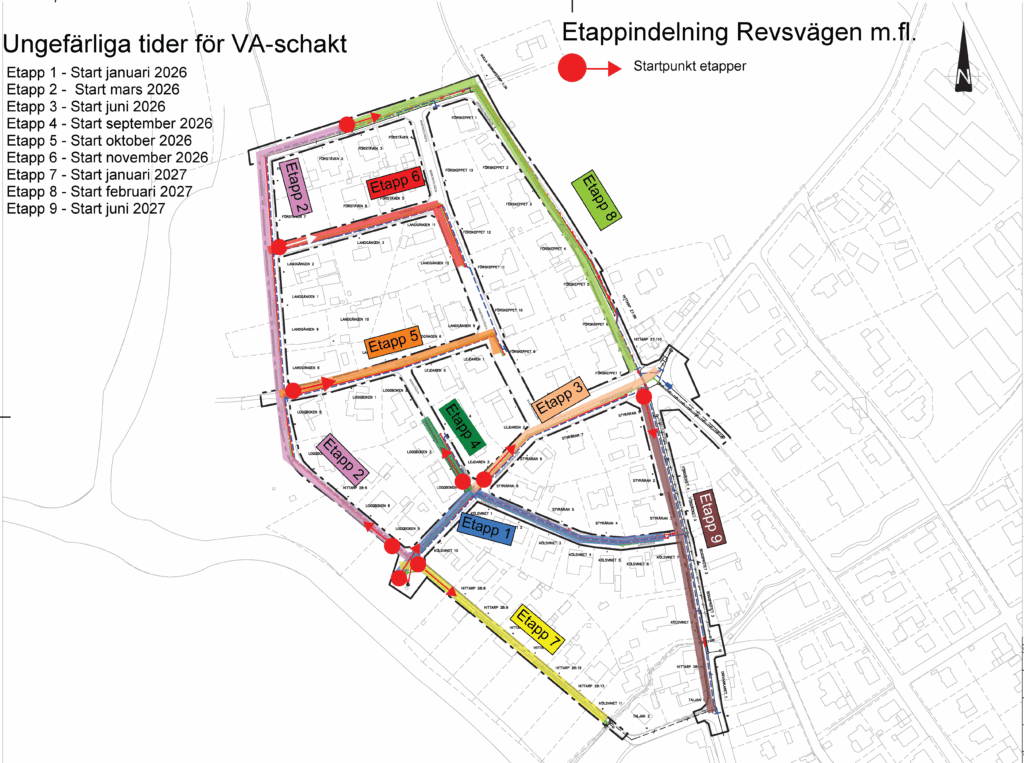 Etappkarta f&ouml;r VA-arbete i Hyllinge. Tidplan finns beskrivet i text i samband med bild.
